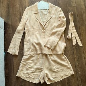 Beige linen blazer + short set with pink stripes. Lightweight!
